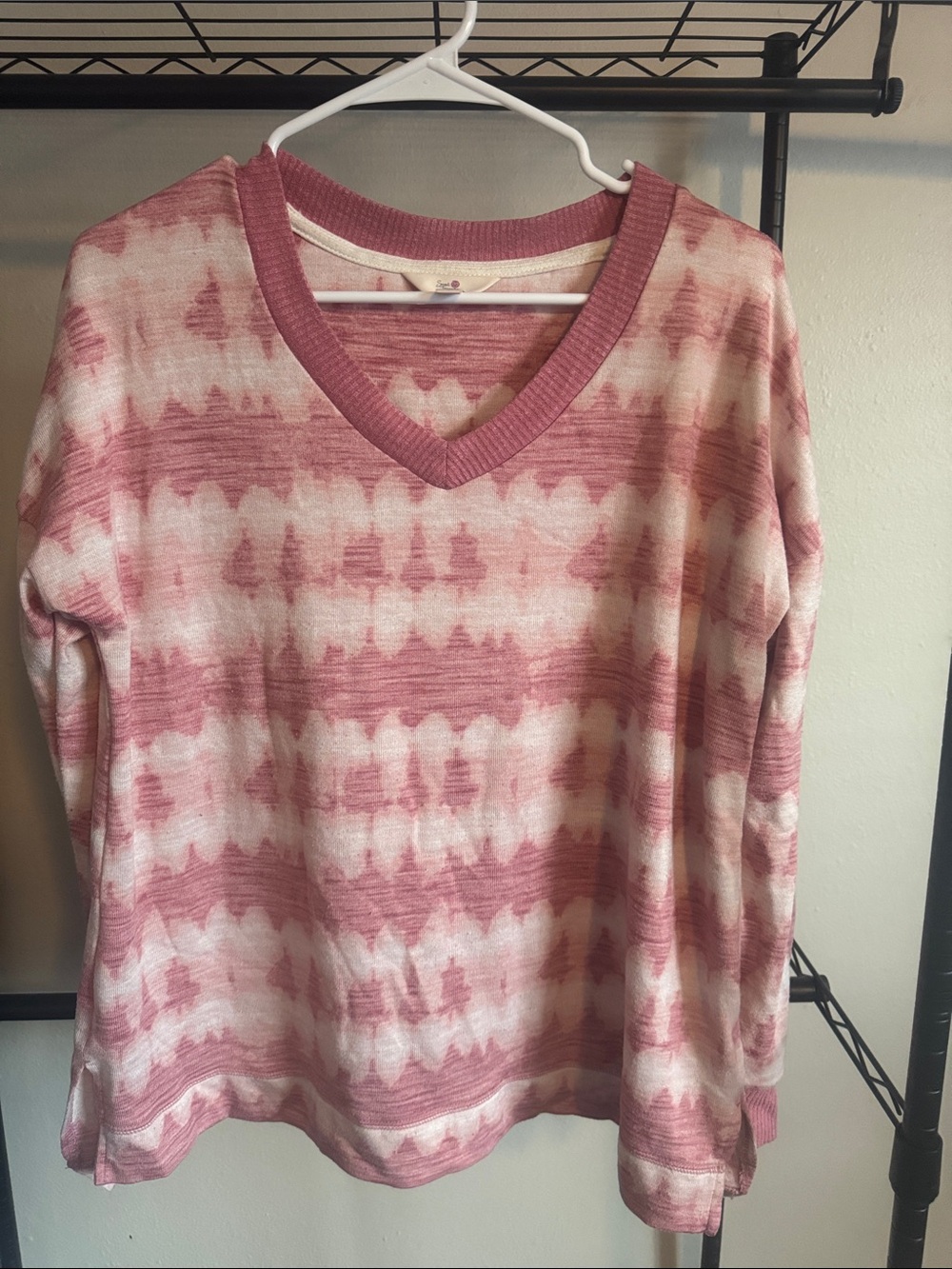 Secret Treasures Pink and Cream V-Neck Long Sleeve Tie-Dye Top